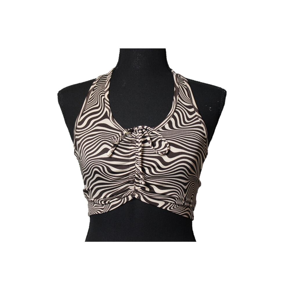 H&M Brown/Cream Pattern Halter Top with front Cinch Tie XS‎